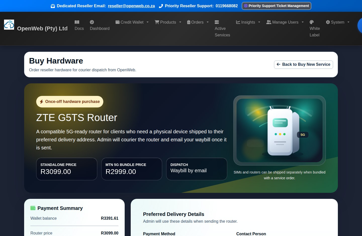 Current OpenWeb reseller panel screenshot: Hardware checkout